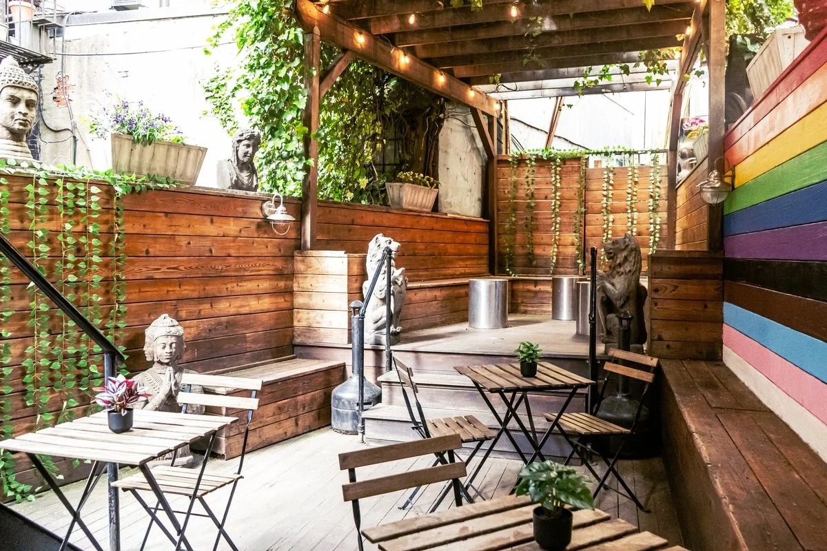 NYC venue patio with rainbow wall